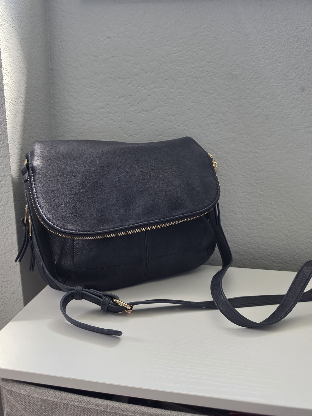 Miztique Dark Navy Vegan Leather Flap Crossbody with Gold Hardware